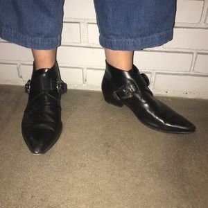 Saint Laurent Black Leather Boots w/Silver Buckle